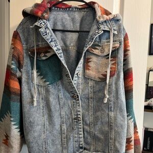 Denim Jacket with Multicolor Patterned Sleeves